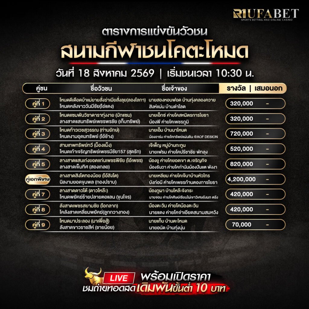 ตารางแข่งขันวัวชน 18 สิงหาคม 2569